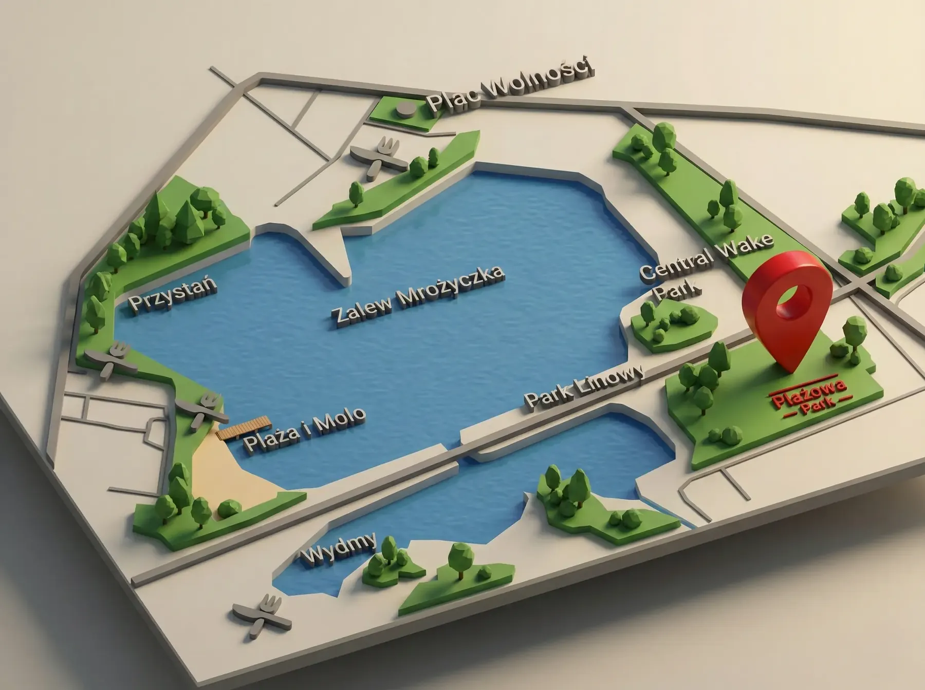 Plan okolicy: Zalew Mrożyczka, plaża i molo, przystań, Central Wake Park, park linowy, wydmy i położenie osiedla Plażowa Park