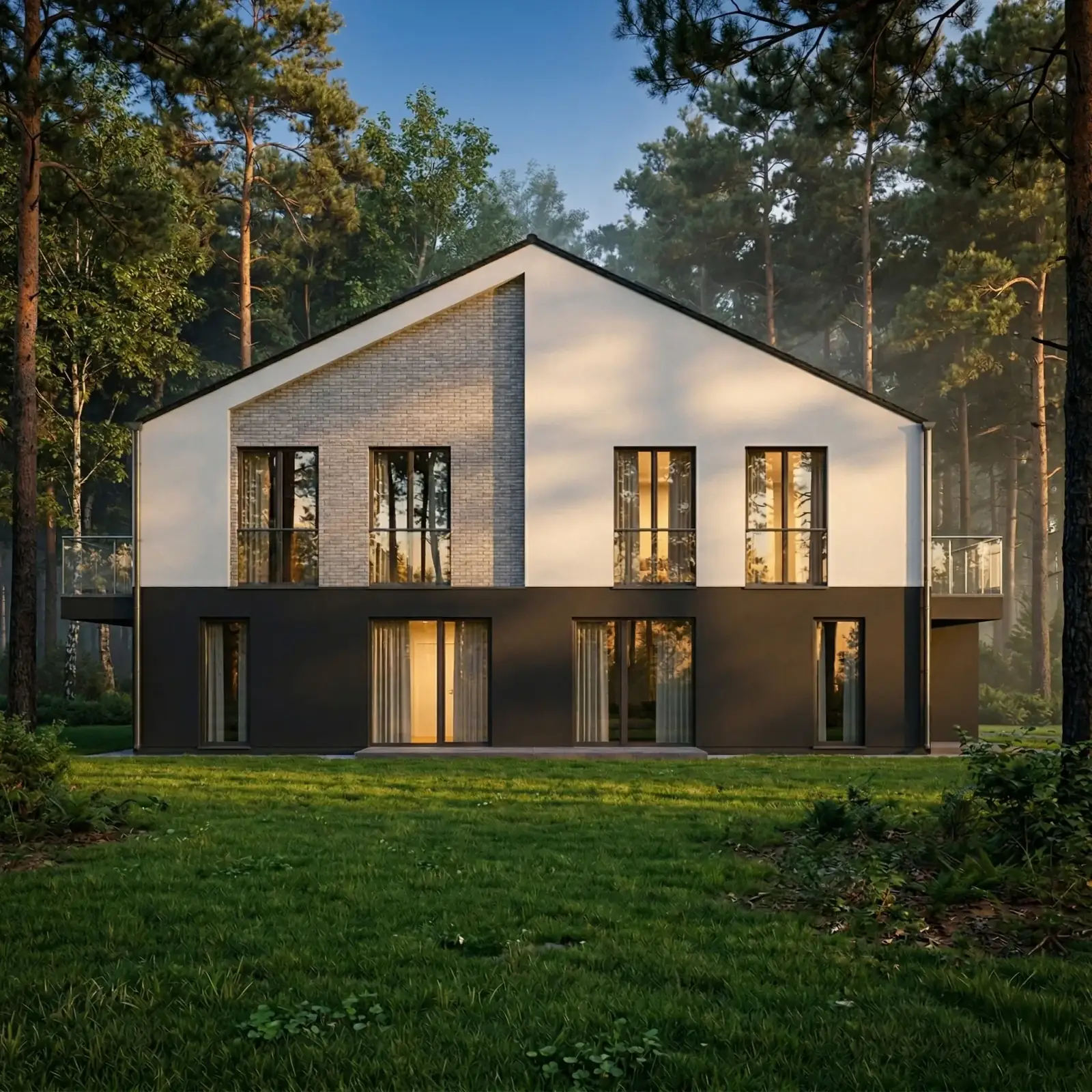 Budynek osiedla Plażowa Park o zmierzchu w sosnowym lesie